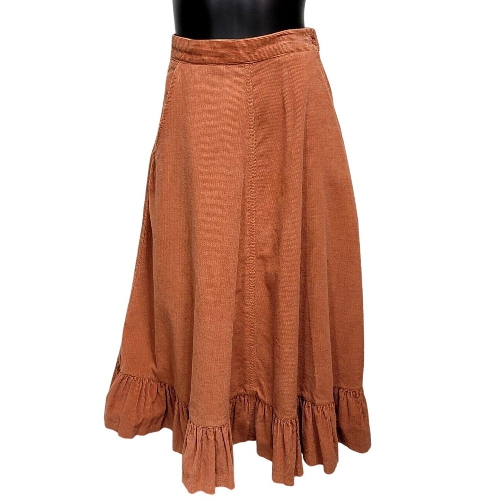 Vintage 70s Thermo Jac TJ‎ Rust Orange Corduroy Ruffle Hem Midi Skirt Pockets S
